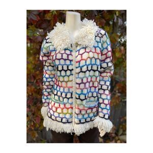Boho 70s Rainbow Knit Cardigan Sweater Jacket Full Zip Shag Fringe Trim OOAK